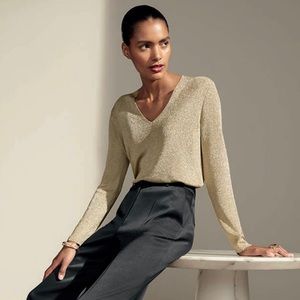The Fold London Lorne Long Sleeve Metallic Gold Knitted Top, size M
